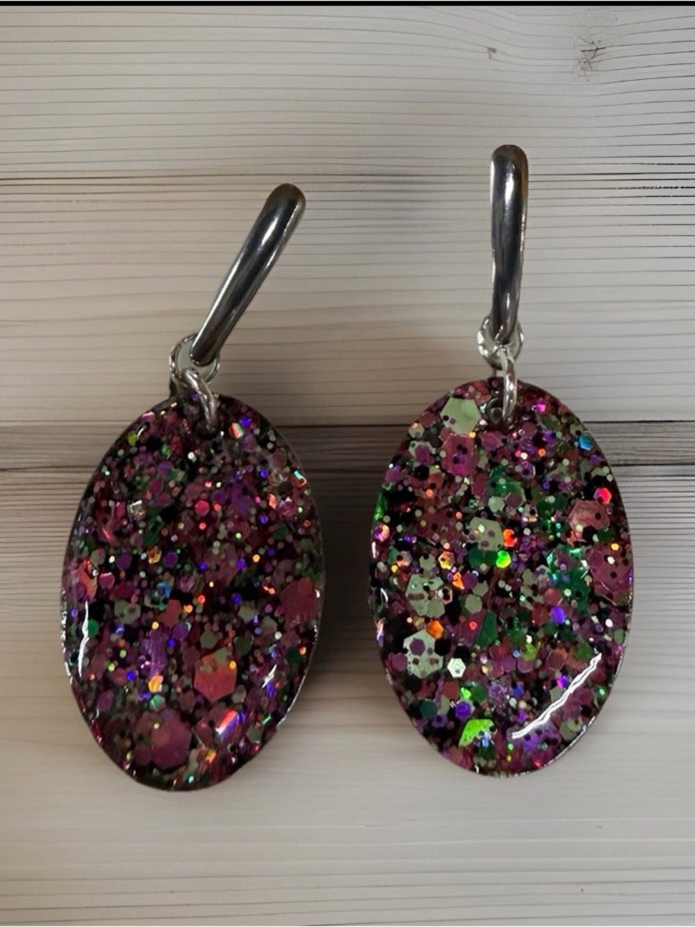 Artisan Purple and Green Multicolor Glitter Oval Drop Earrings new handmade